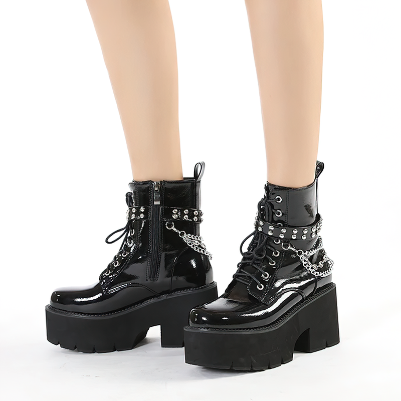 Women's Motorcycle Boots with Metal Chain / Fashion Female Patent Leather Ankle Boots - HARD'N'HEAVY