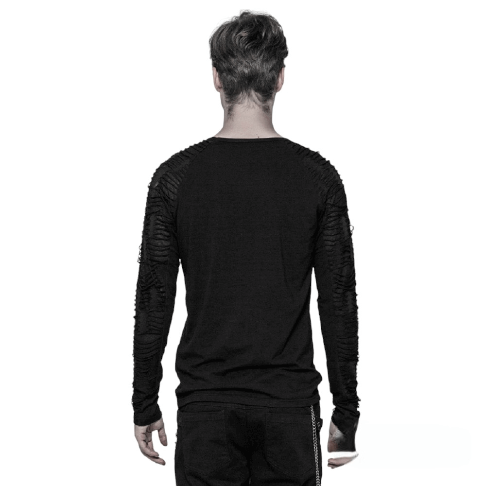 Back view of a black men's sweatshirt with ripped knit sleeves and raglan design, showcasing a punk-inspired look.
