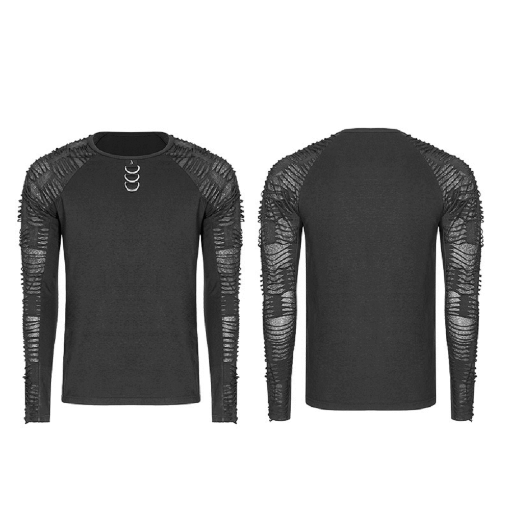 Black sweatshirt for men featuring ripped knit details on the sleeves and a stylish punk vibe.
