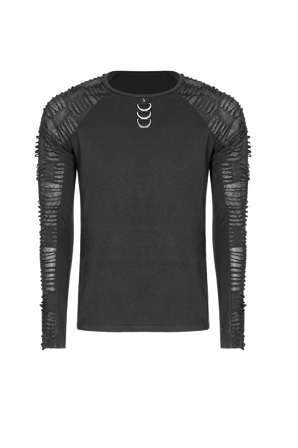 Black sweatshirt for men featuring ripped knit details on sleeves and punk-style ring accents.