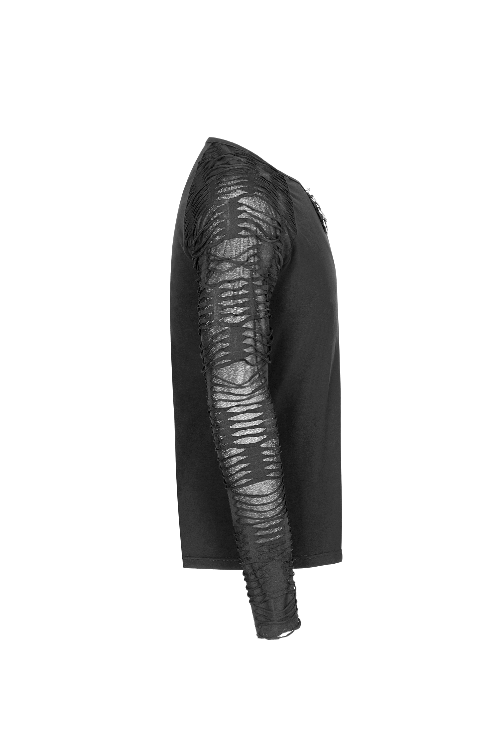 Side view of black men's sweatshirt with ripped knit details on sleeves, showcasing a punk-inspired style.