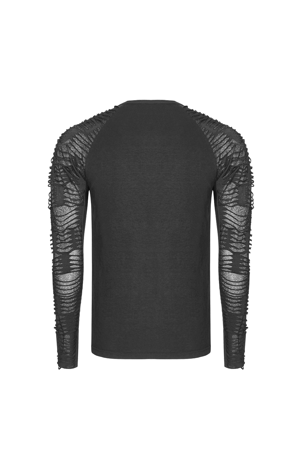 Back view of black sweatshirt with ripped knit details on sleeves, showcasing a punk style for men.