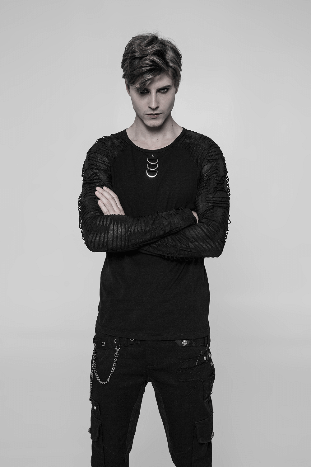 Black men's sweatshirt with ripped knit sleeves and punk style details, perfect for urban fashion.