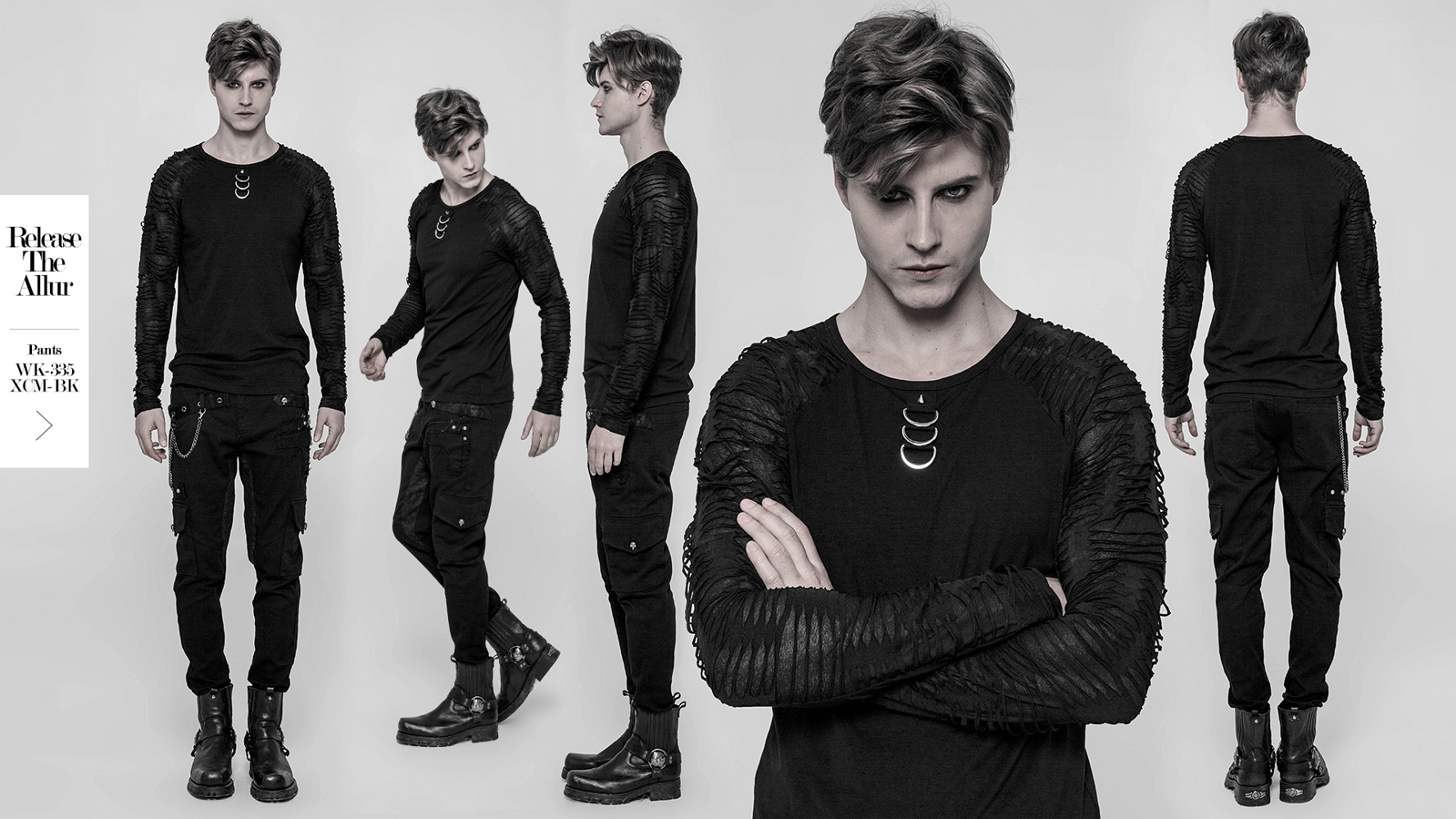 Stylish black sweatshirt with ripped knit sleeves, showcasing a punk urban aesthetic for men.