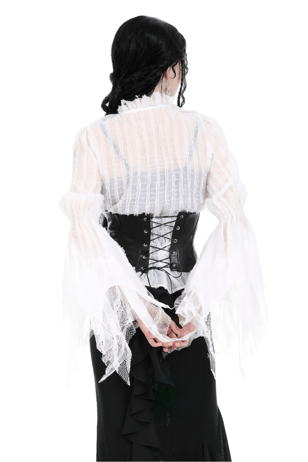 Elegant Ruffle Neck Lace Blouse with Bell Sleeves