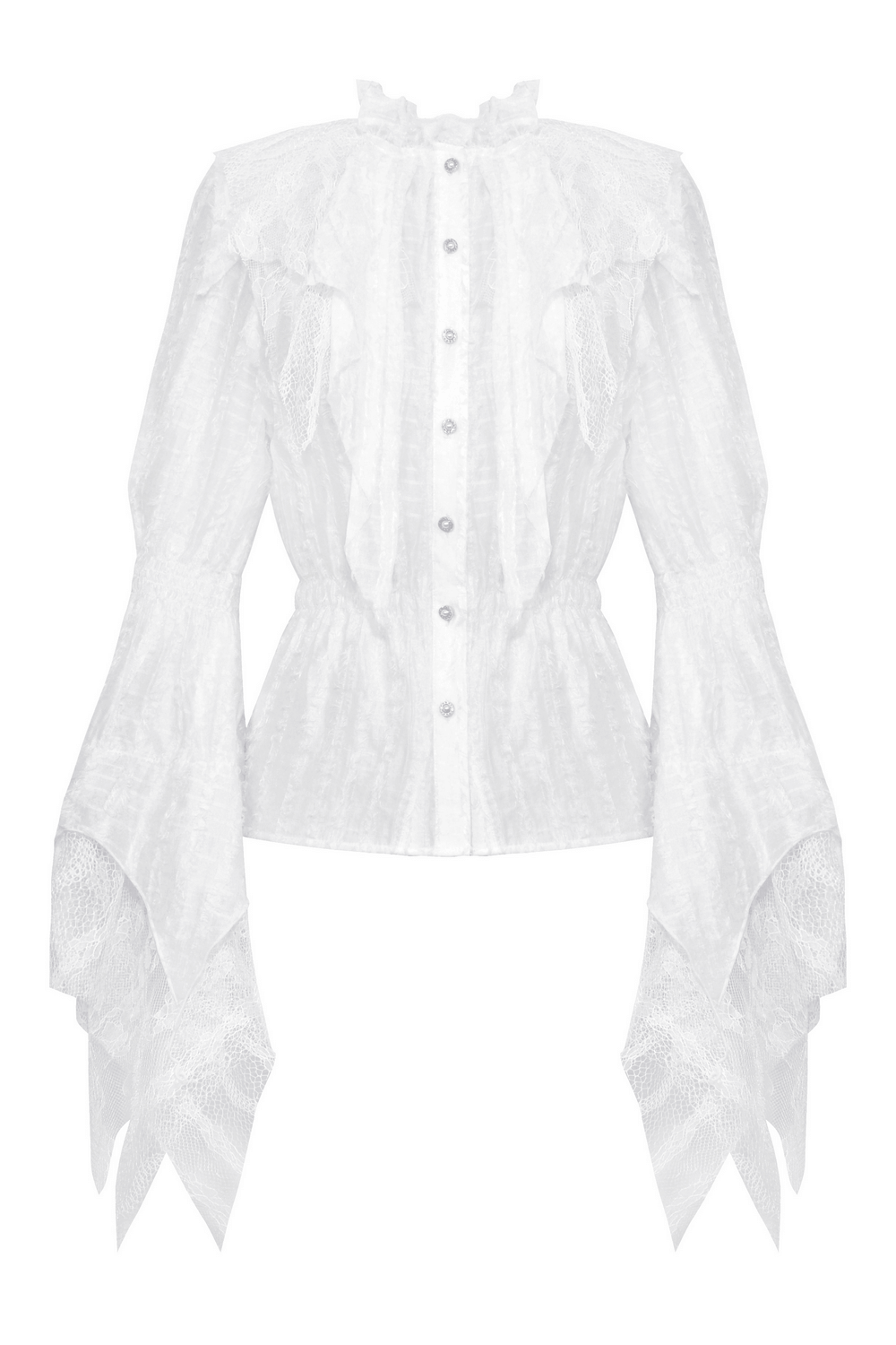 Elegant Ruffle Neck Lace Blouse with Bell Sleeves