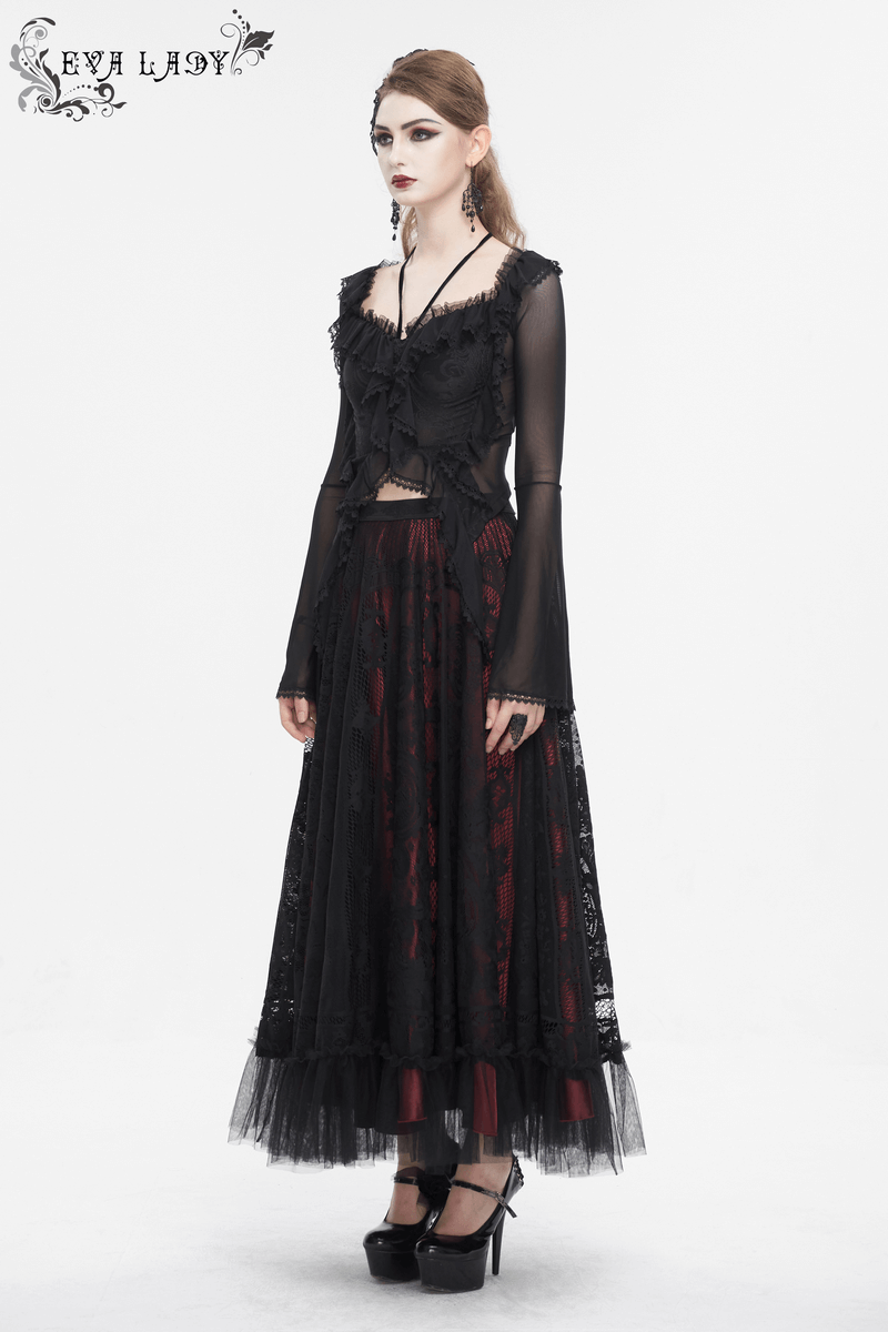 Gothic Women's Ruffled Top With Transparent Sleeves and Lace-Up on Back - HARD'N'HEAVY