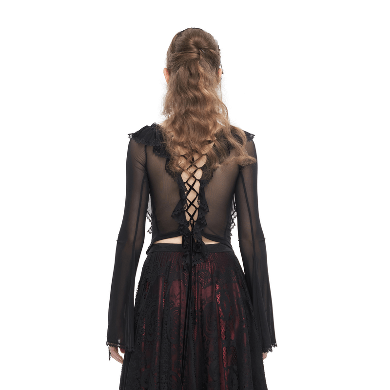 Gothic Women's Ruffled Top With Transparent Sleeves and Lace-Up on Back - HARD'N'HEAVY