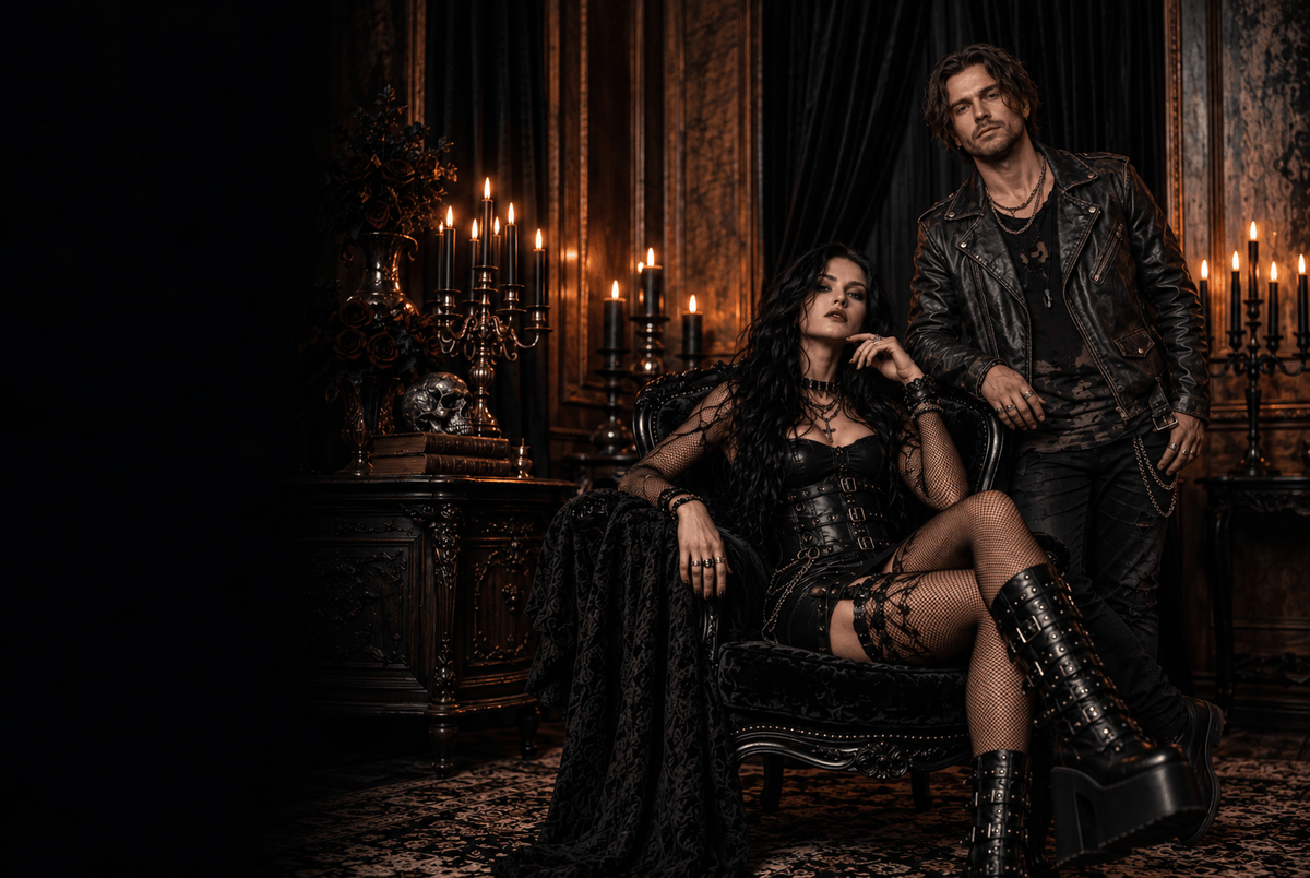 A man and a woman pose in a dark, gothic room with lit candles. The woman sits on an ornate chair wearing a black lace corset dress and tall black boots, while the man stands beside her in a black leather jacket and dark pants.