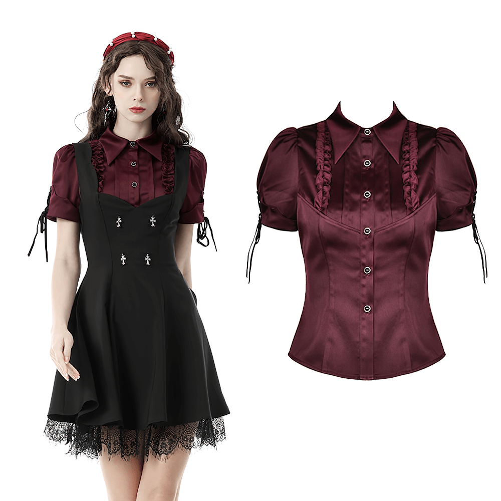 Dark romantic wine red blouse with puff sleeves, paired with a cute black dress for a gothic chic look.