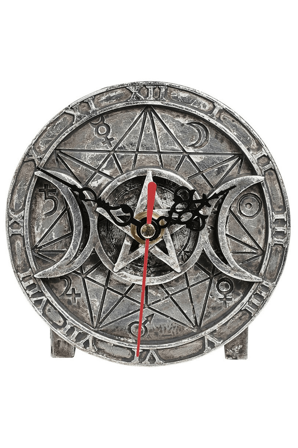 Wiccan triple moon clock featuring a pentagram design, perfect for sacred home decor and moon energy enthusiasts.