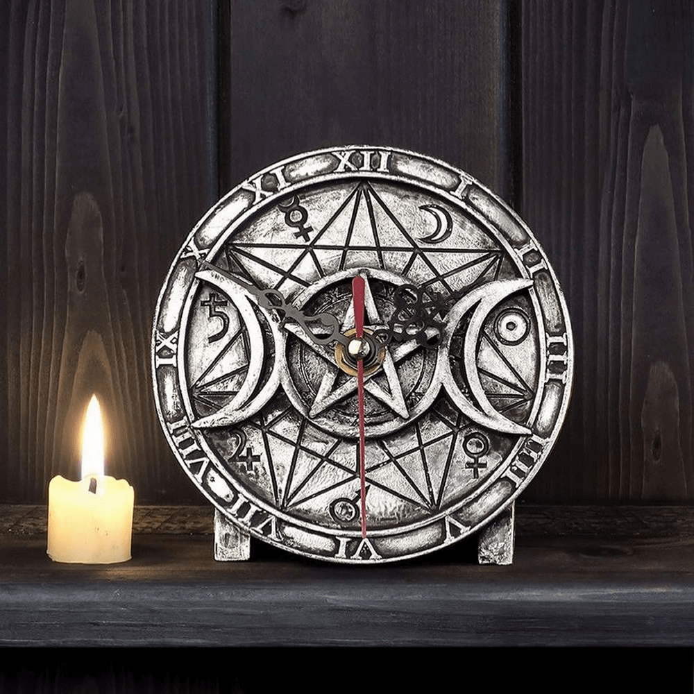 Wiccan triple moon clock with pentagram, perfect for mystical home decor and celebrating lunar energies.