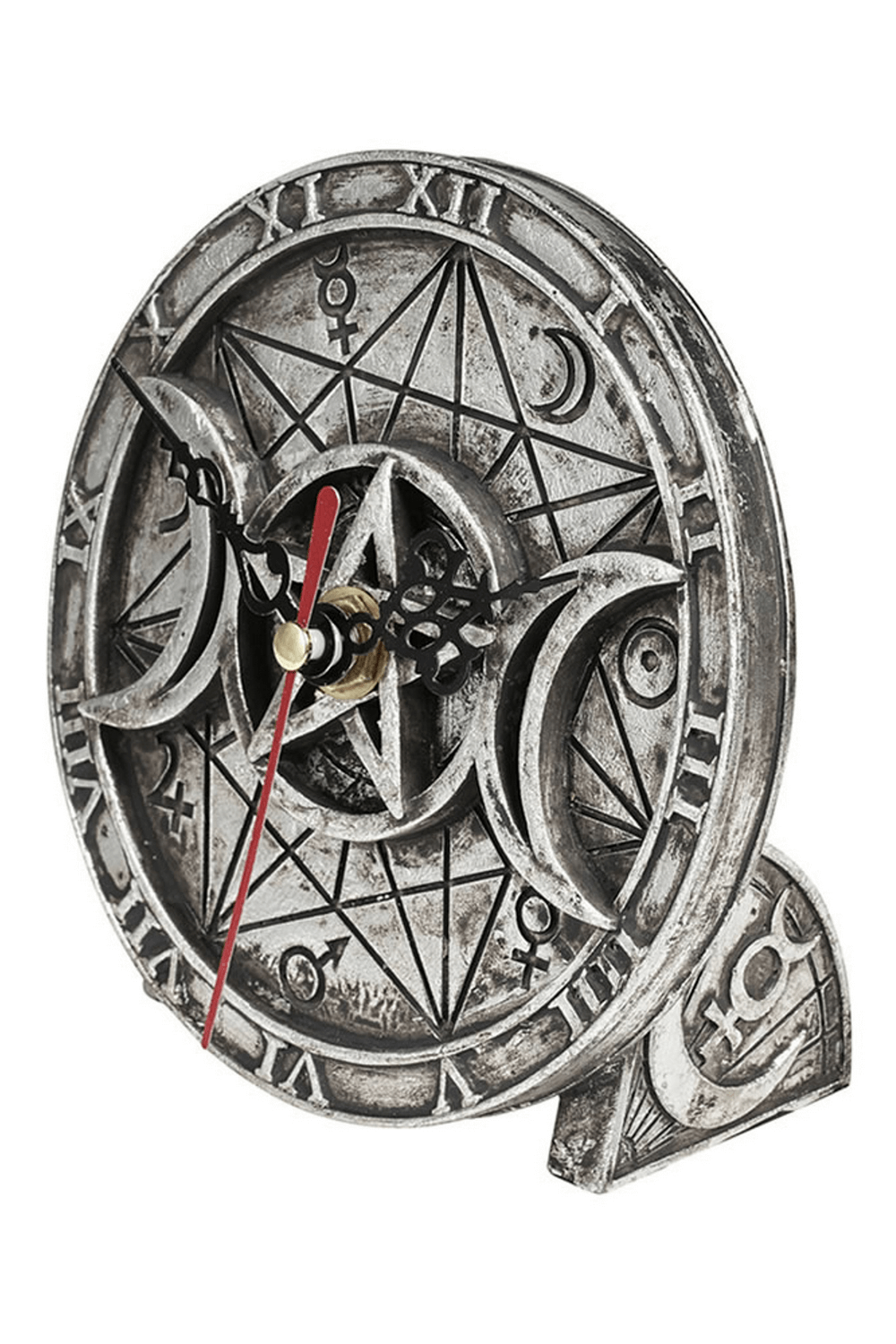 Wiccan Triple Moon Clock with Pentagram Design for mystical home decor, symbolizing lunar energies and cycles.