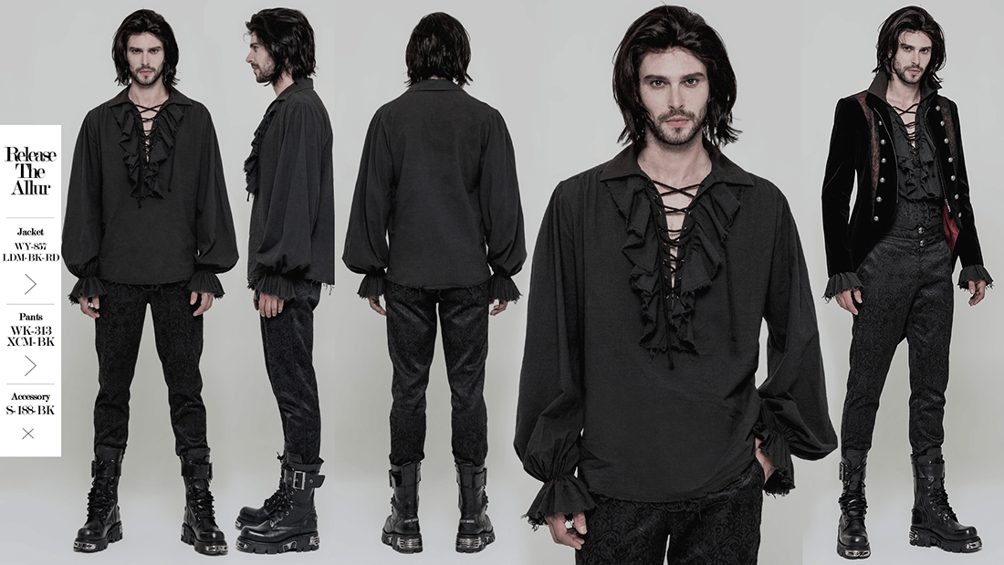 Vintage Men's Gothic shirt with ruffles, lace-up front, and relaxed fit, perfect for steampunk style.