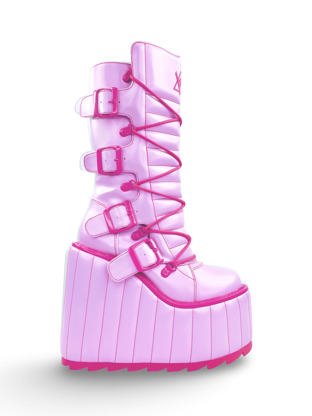 YRU Women's Pink Vegan Leather Rave Boots with Buckles