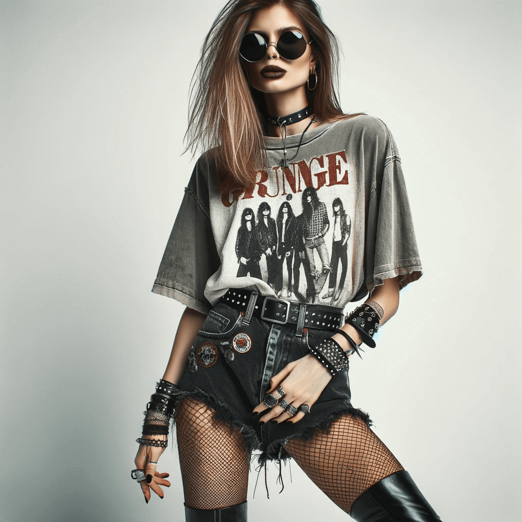 A woman donning grunge style attire with sunglasses