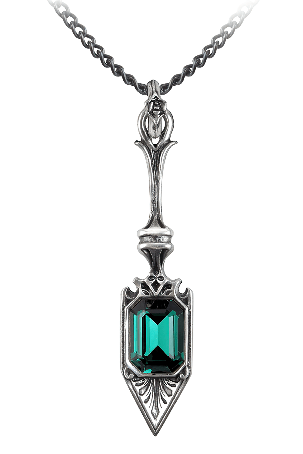 Absinthe spoon pendant featuring a stunning emerald green crystal, beautifully crafted in silver.