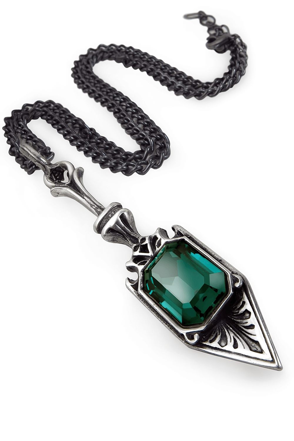 Absinthe spoon pendant featuring a stunning emerald green crystal, perfect for unique jewelry lovers.