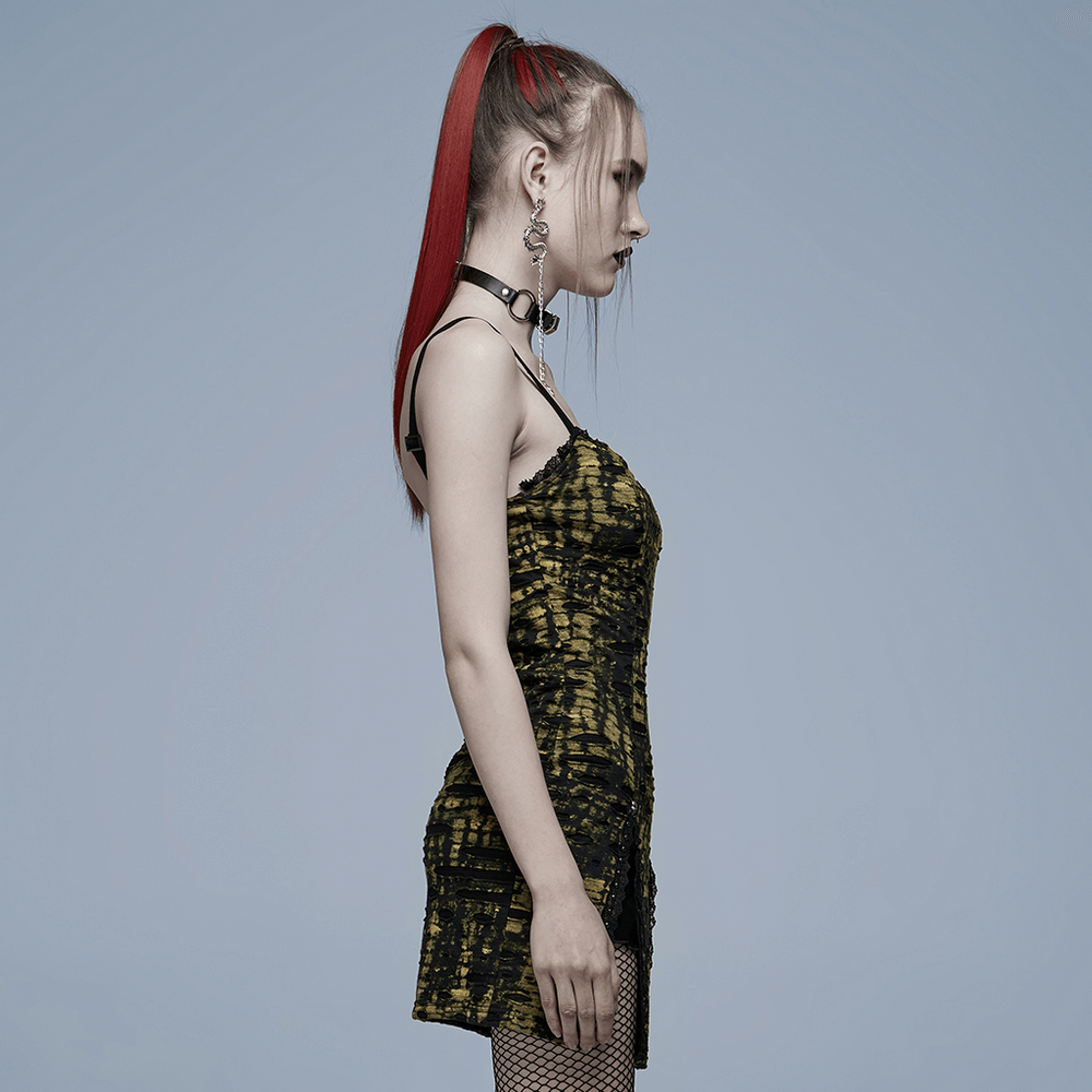Abstract Gothic Print Slip Dress with Lace and Ghost Head - HARD'N'HEAVY
