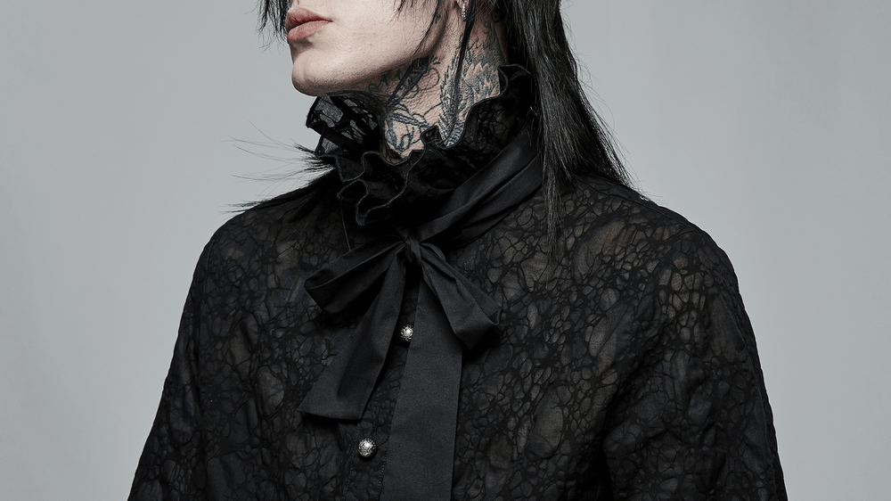 Abstract Lace Gothic Shirt With Ruffle Detail And Detachable Bow - HARD'N'HEAVY