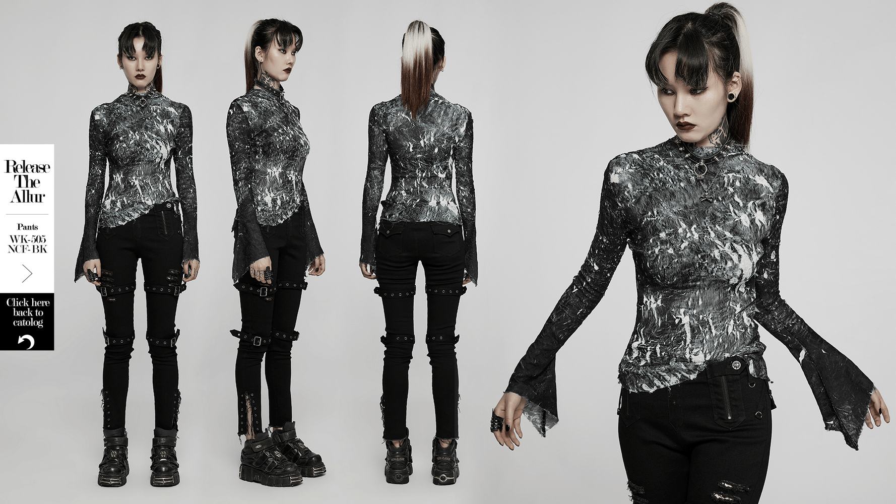 Model showcasing Abstract Marble Gothic Fitted Top with long sleeves, featuring unique marble texture and slim fit.