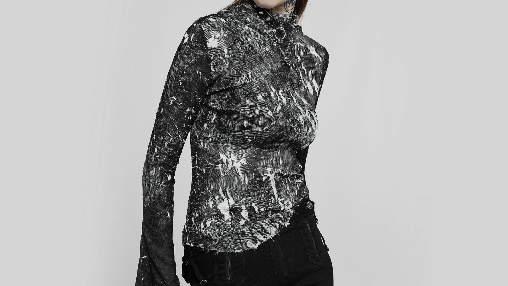 Abstract Marble Gothic Fitted Top with long sleeves, showcasing a unique marble texture and stylish design.