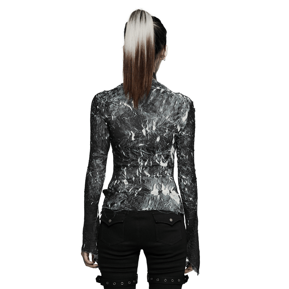 Back view of a model in an abstract marble gothic fitted top, showcasing its unique marble texture and long sleeves.