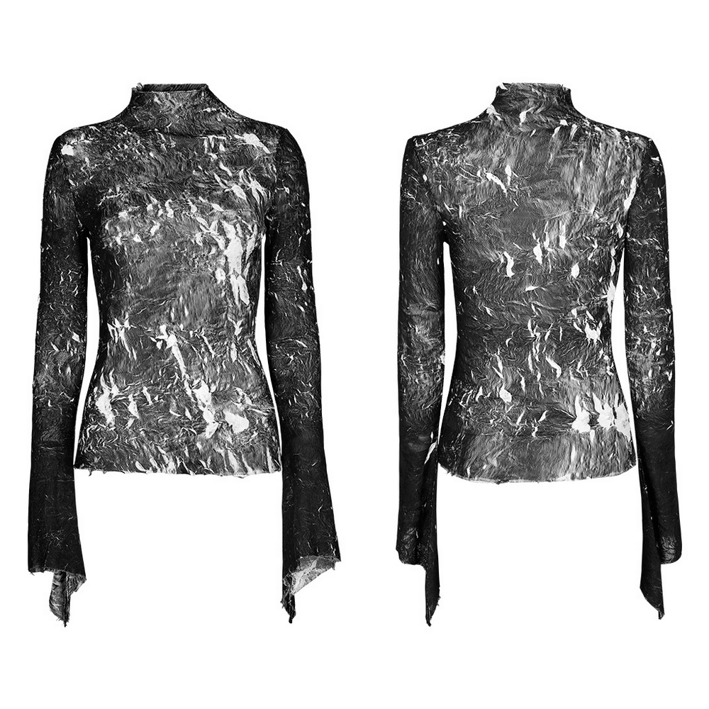 Abstract Marble Gothic Fitted Top with Long Sleeves in striking black and white marble texture, perfect for gothic chic style.