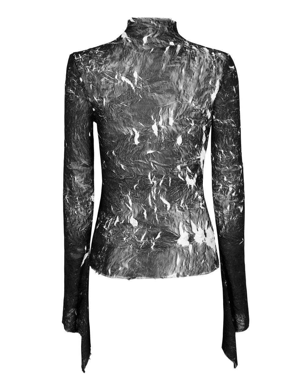 Back view of Abstract Marble Gothic Fitted Top with long sleeves, showcasing unique marble texture and stylish silhouette.