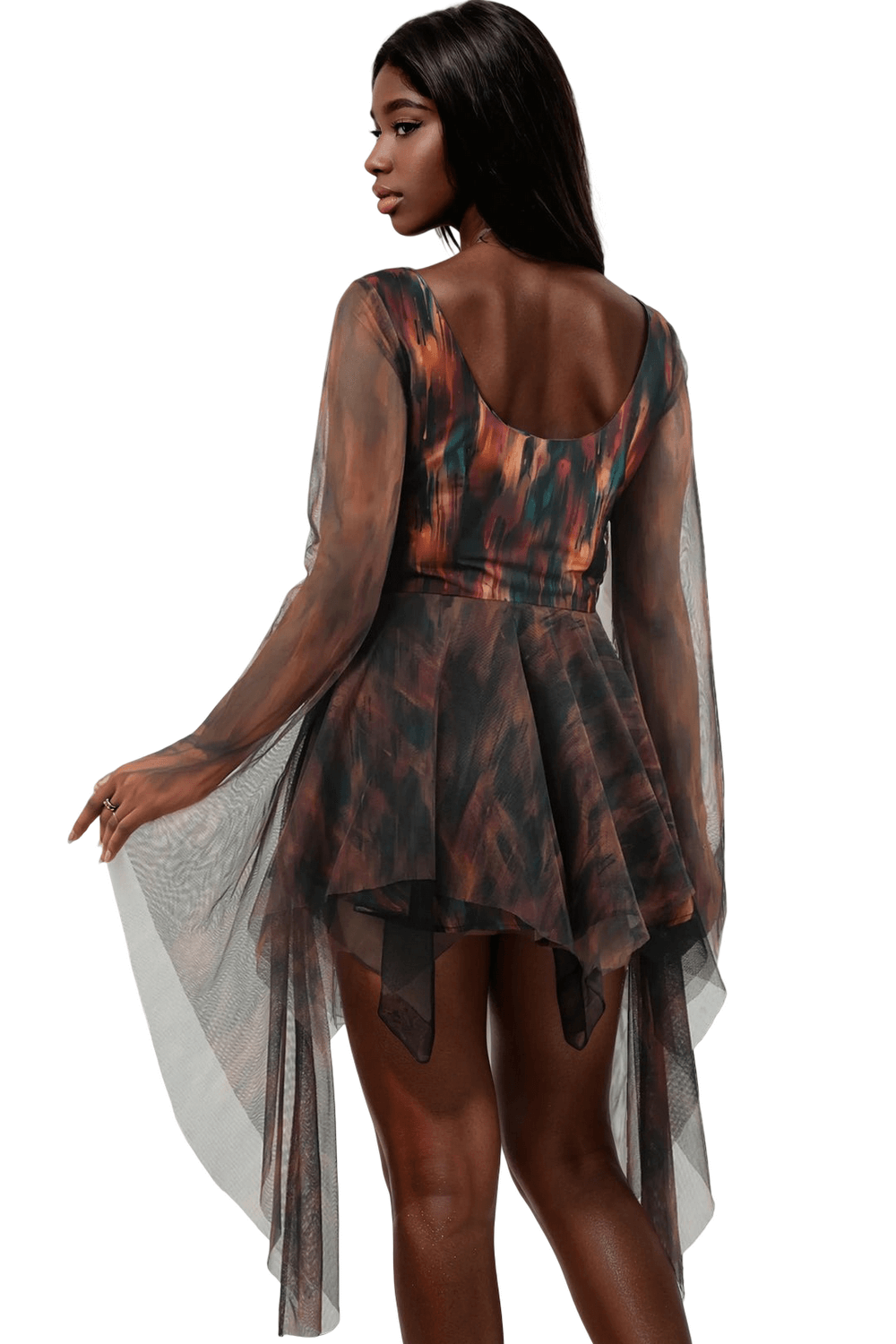 Abstract Mini Dress with Sheer Sleeves and Layers showcased on a model from the back, featuring a flowy silhouette.