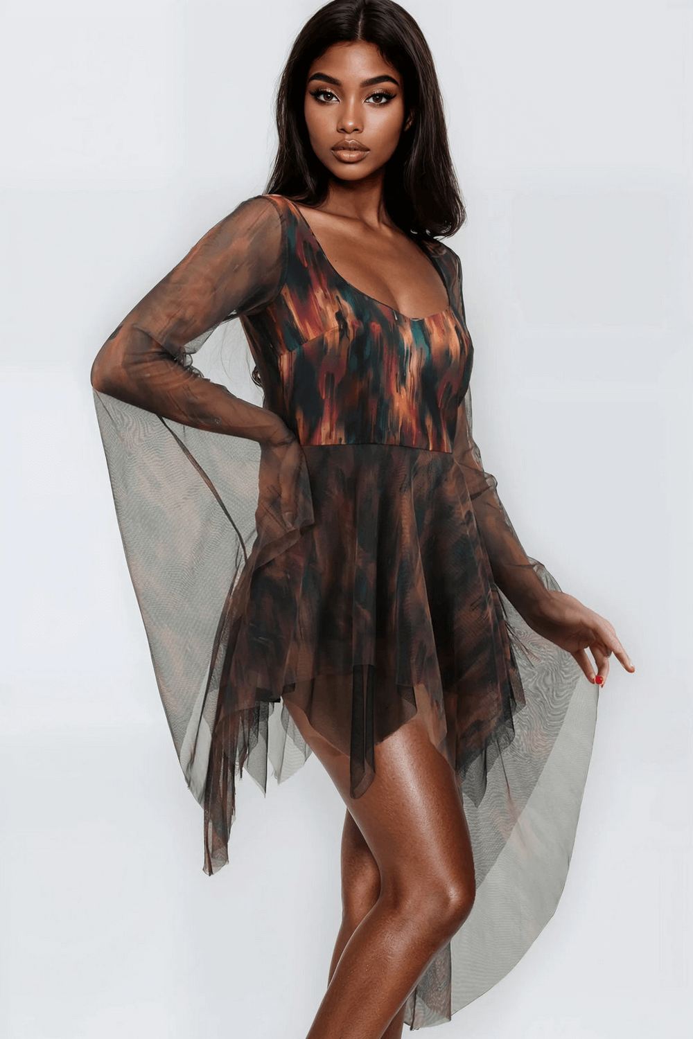 Abstract Mini Dress with Sheer Sleeves and Layers showcasing flowing design and elegant style.