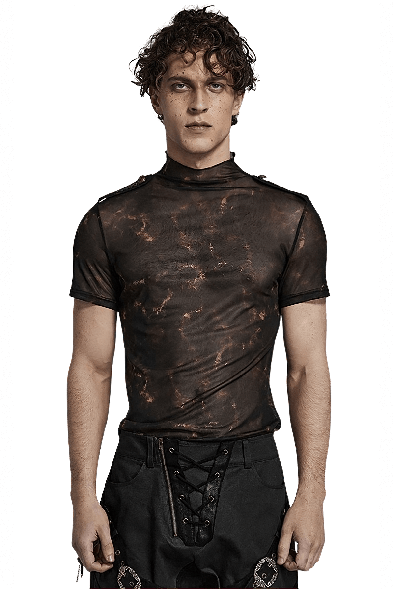 Abstract print stretch mesh tee with 3D lace shoulders, showcasing a sleek slim-fit style.