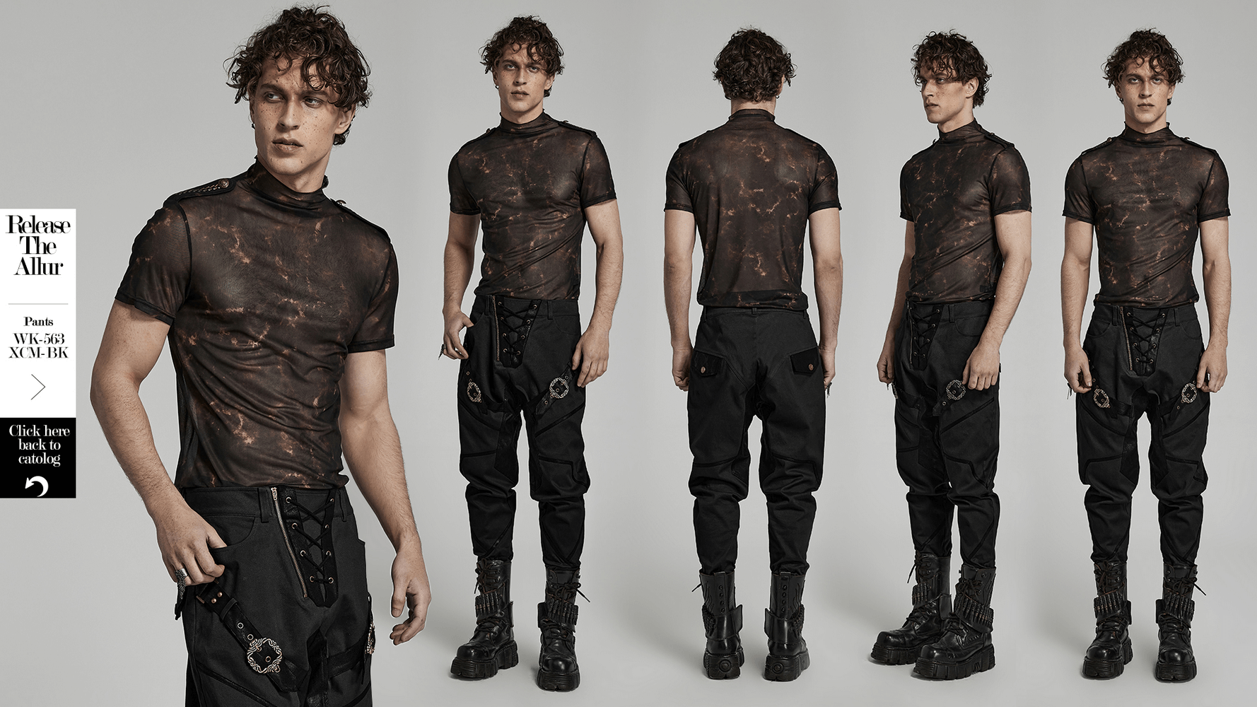 Model showcasing Abstract Print Stretch Mesh Tee with 3D Lace Shoulders, highlighting edgy design and slim fit.