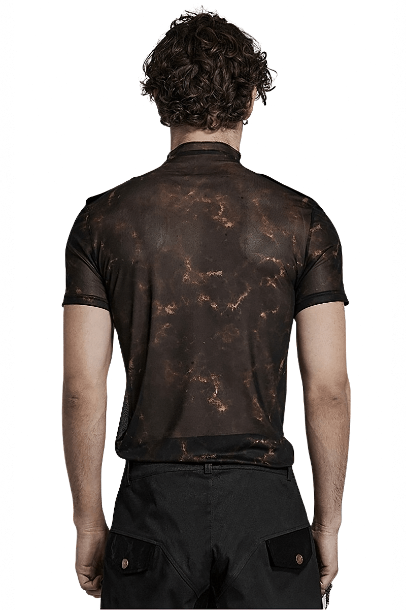 Back view of a slim-fit abstract print stretch mesh tee with unique lace shoulder details.