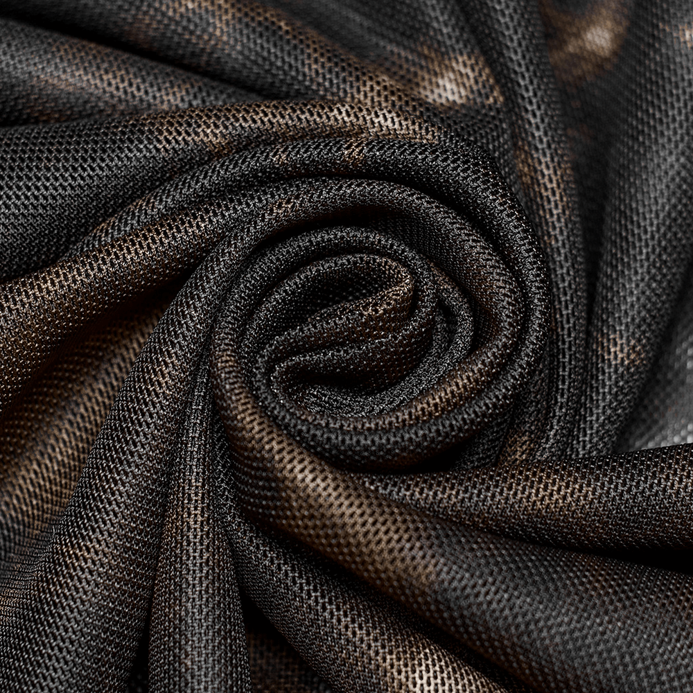 Close-up of abstract stretch mesh fabric showcasing intricate textures in dark tones.