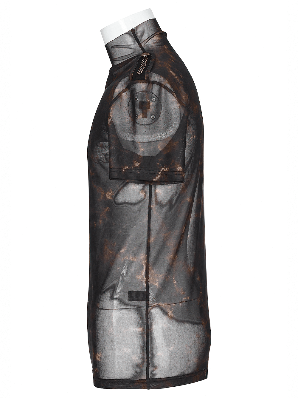 Abstract print stretch mesh tee with 3D lace shoulders, showcasing sleek design and modern style.