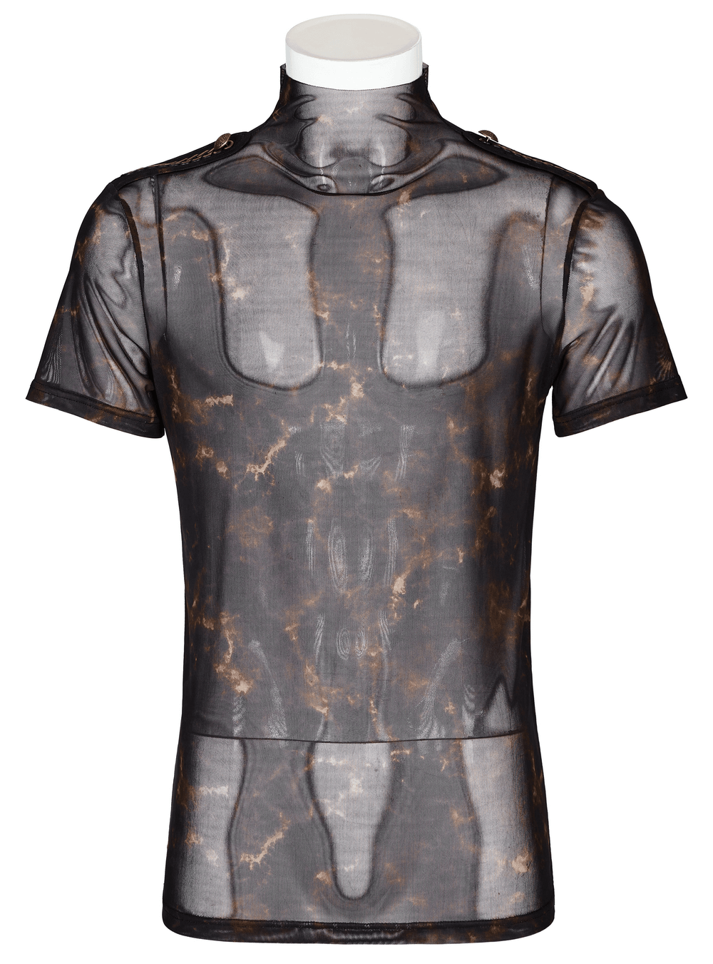 Abstract mesh tee with 3D lace shoulders, featuring a sleek design and unique print on stretch fabric.