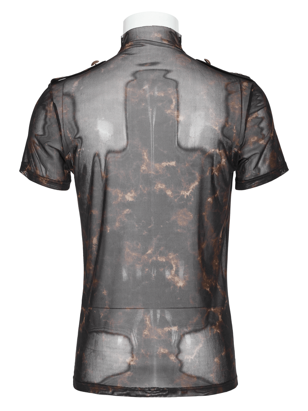 Back view of Abstract Print Stretch Mesh Tee with 3D Lace Shoulders in edgy design and unique mesh fabric.