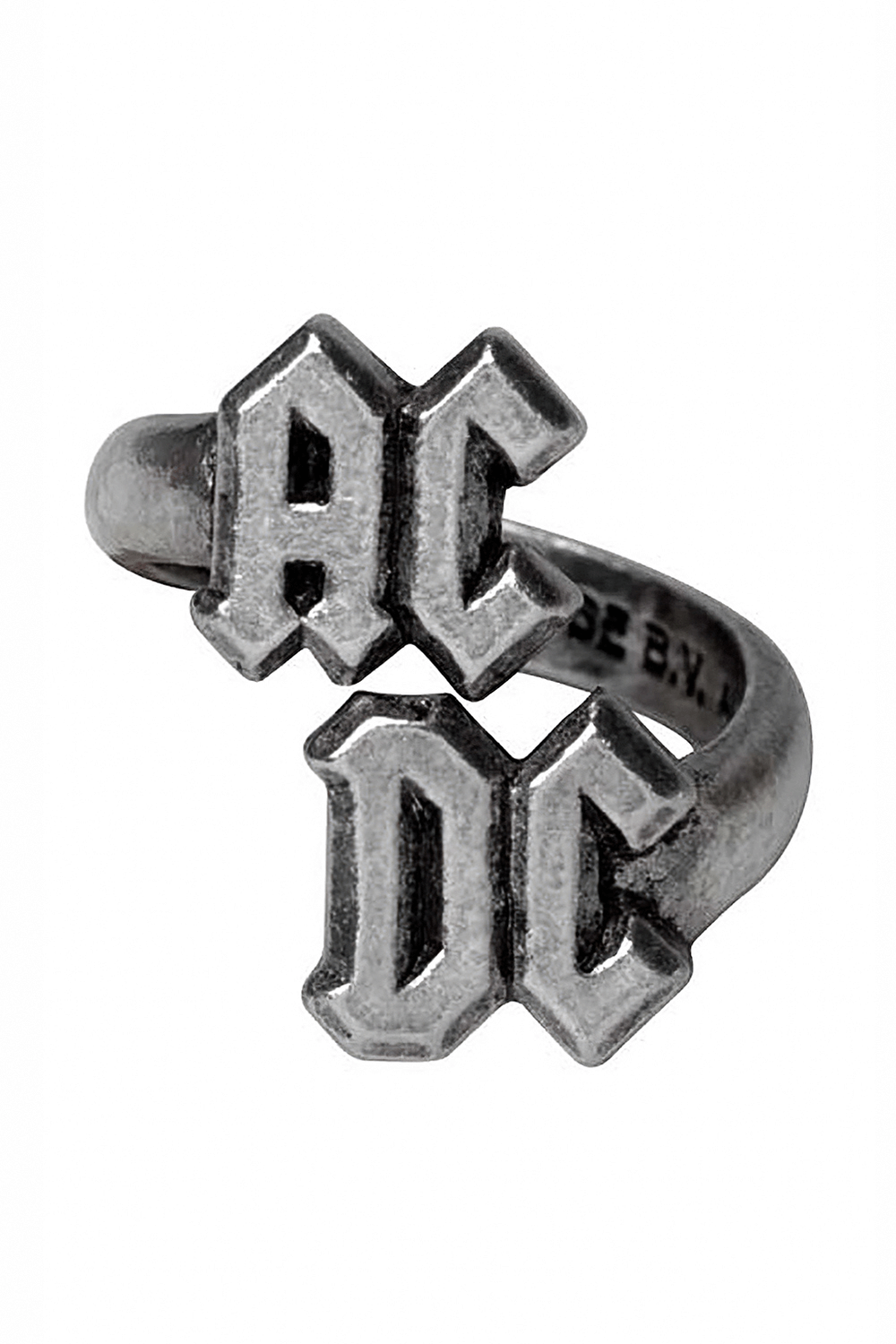 AC/DC band wrap ring in antiqued pewter, showcasing bold stylized logo, perfect for gothic rock fans.
