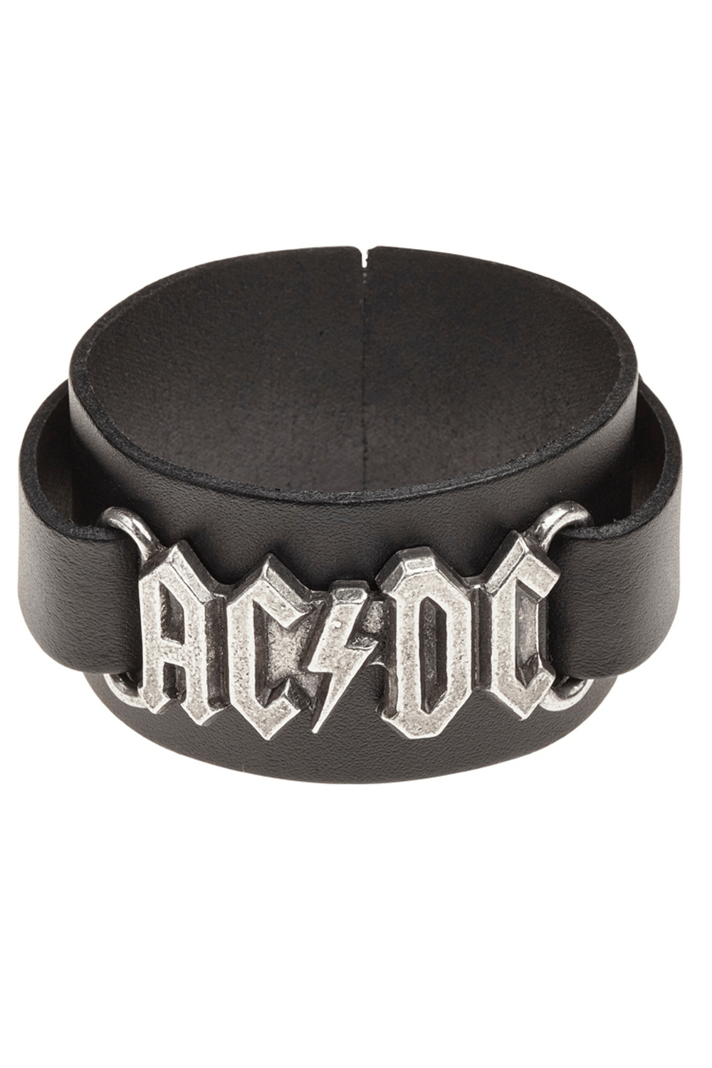 AC/DC black leather bracelet featuring pewter logo, inspired by the band's iconic 'Let There Be Rock' album.