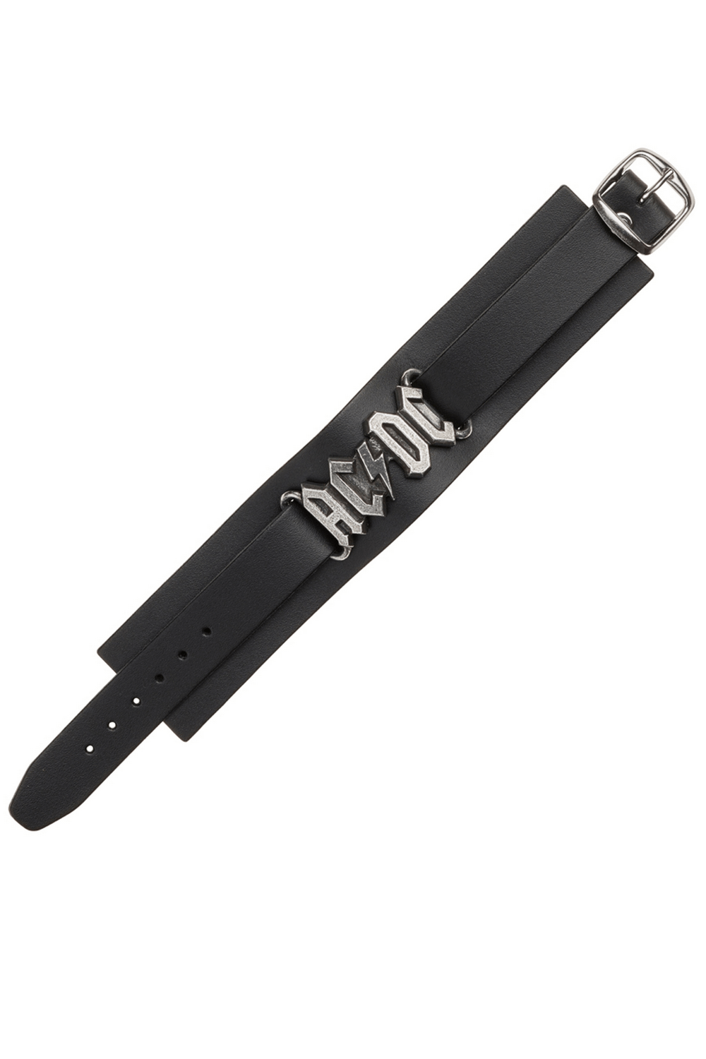 AC/DC black leather bracelet with pewter logo, adjustable strap and steel buckle, a punk rock style accessory.
