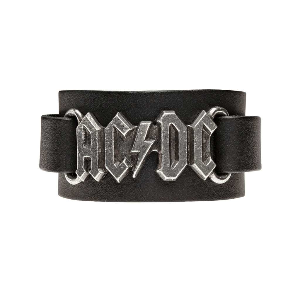AC/DC black leather bracelet with pewter band logo, featuring iconic lightning bolt design for rock fans.