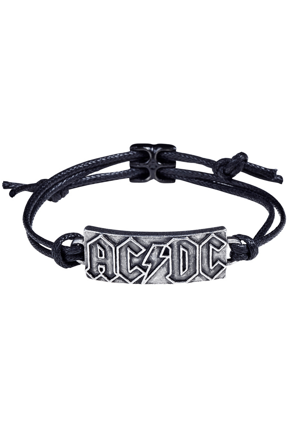 AC/DC Let There Be Rock Lightning Bolt Bracelet with pewter logo on black waxed cord, adjustable for comfort.