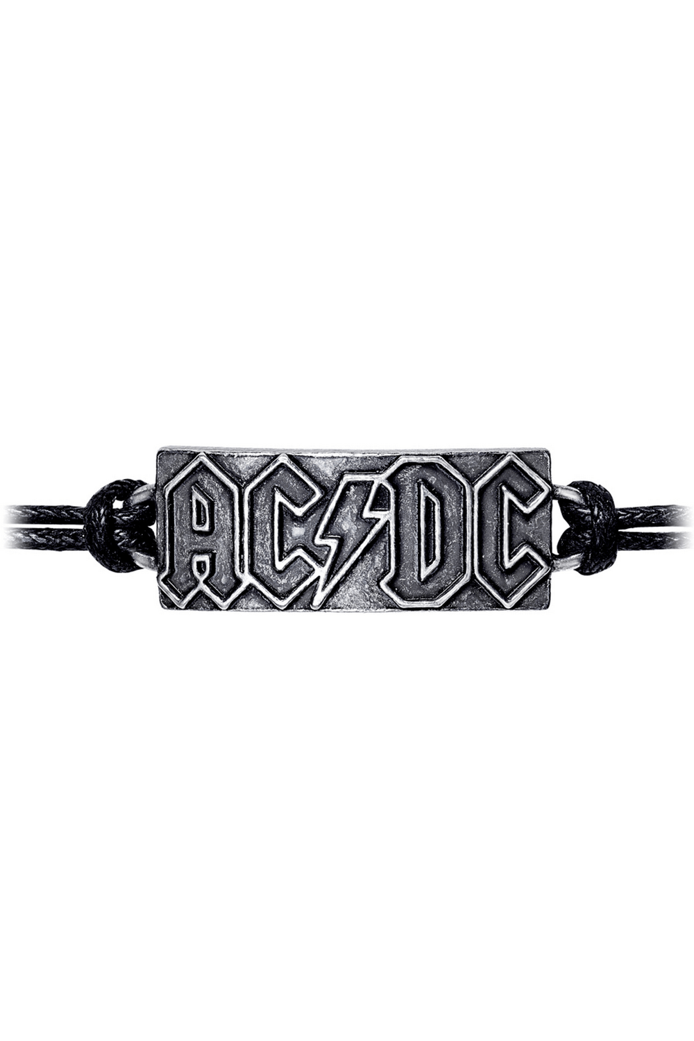 AC/DC Let There Be Rock Lightning Bolt Bracelet with 3D pewter logo on black cord, perfect for fans of classic rock.