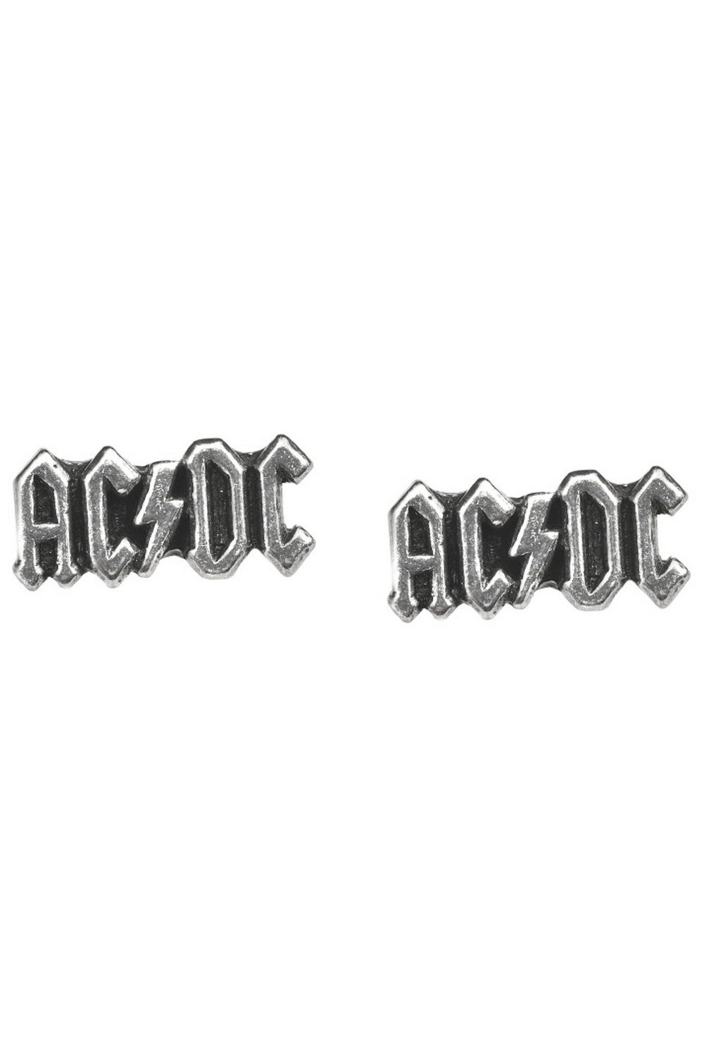 AC/DC Let There Be Rock lightning bolt stud earrings made of English pewter, featuring iconic logo design.