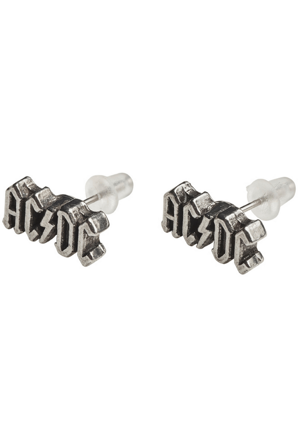 AC/DC Lightning Bolt Stud Earrings in pewter, inspired by the 1977 'Let There Be Rock' album cover.