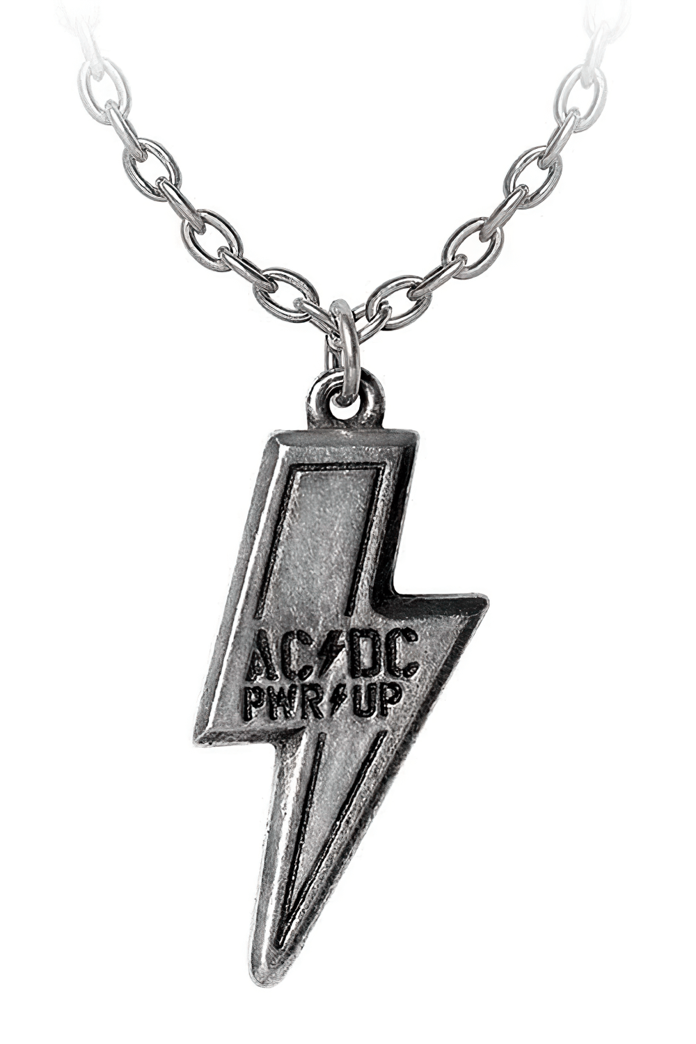 AC/DC "PWR UP" flash logo pendant in antiqued pewter on a silver chain, perfect for rock fans.