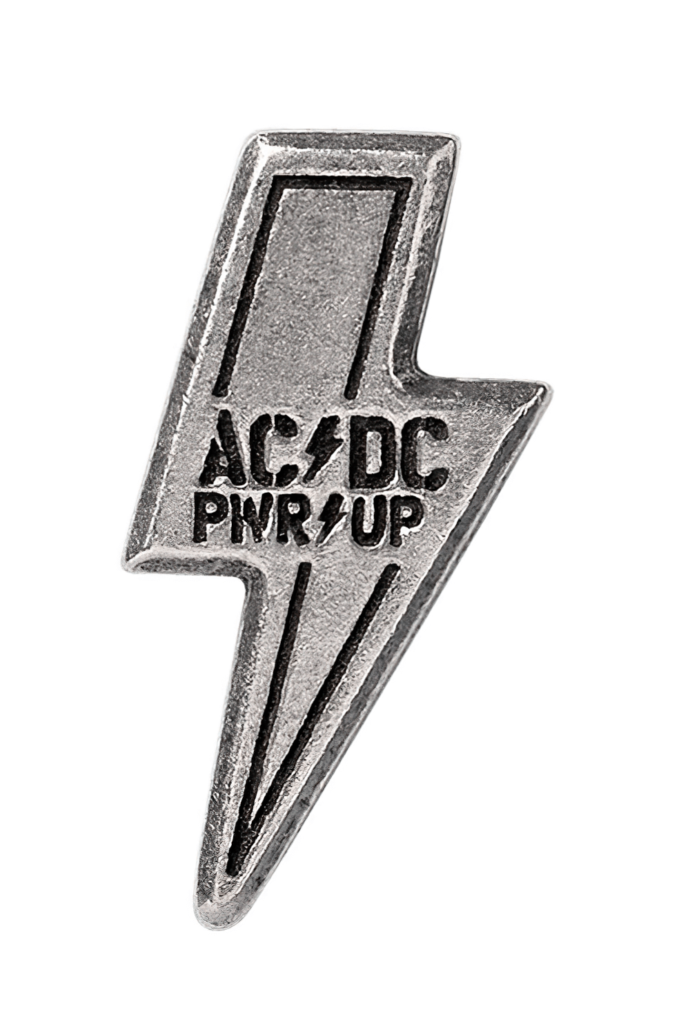 AC/DC PWR/UP lightning bolt pin badge in silver pewter, perfect rock collectible for fans and accessories.