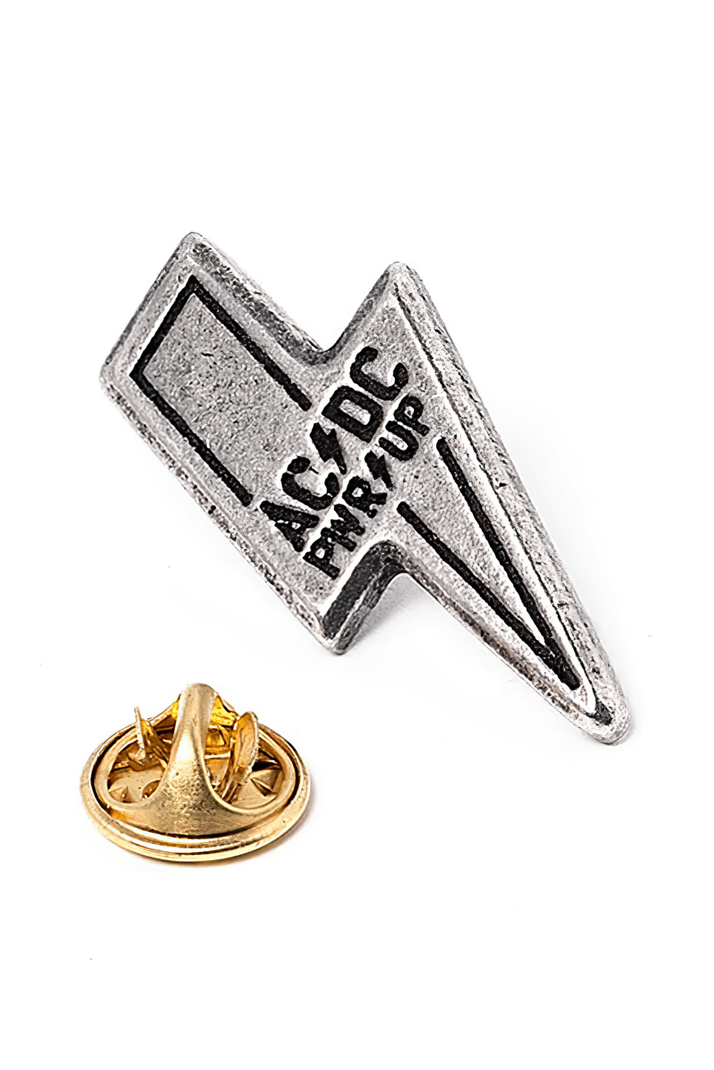AC/DC PWR/UP lightning bolt pin badge in pewter, perfect collectible accessory for rock fans.