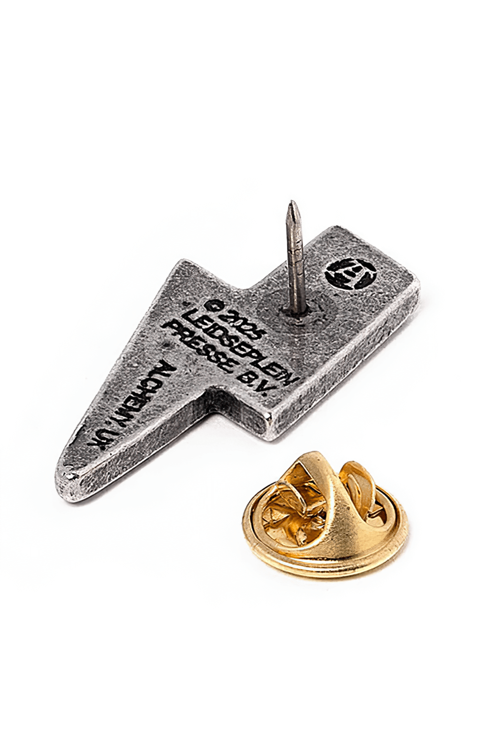 AC/DC PWR/UP lightning bolt pin badge in pewter with gold clasp, perfect for rock collectors and fans.